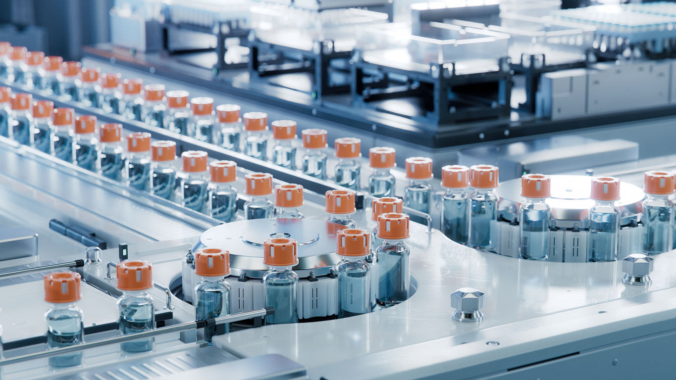 High-throughput Immune Cell Bank processing in a sterile lab environment with automated vial filling and storage technology.