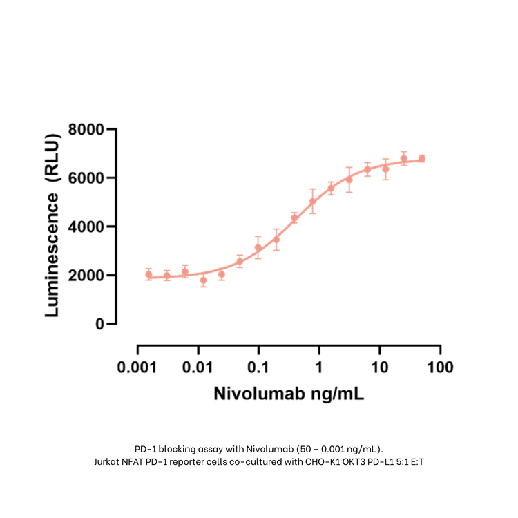 Graph showing luminescence (RLU) against Nivolumab concentration on a log scale.
