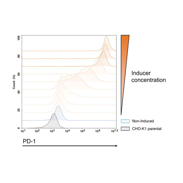 Graph comparing PD-1 expression in non-induced and CHO-K1 parental cells with inducer concentration.
