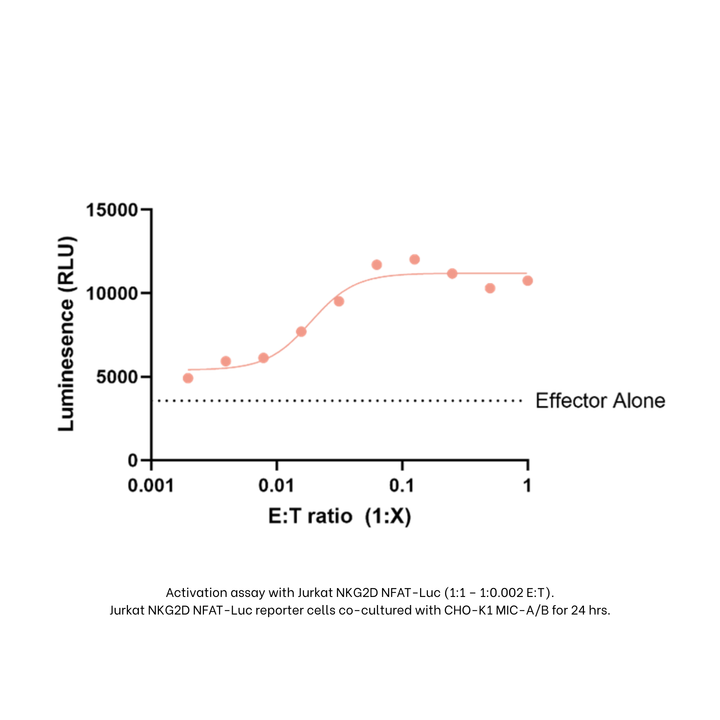 Graph showing luminescence (RLU) against E:T ratio for an activation assay with Jurkat NKG2D NFAT-Luc cells.