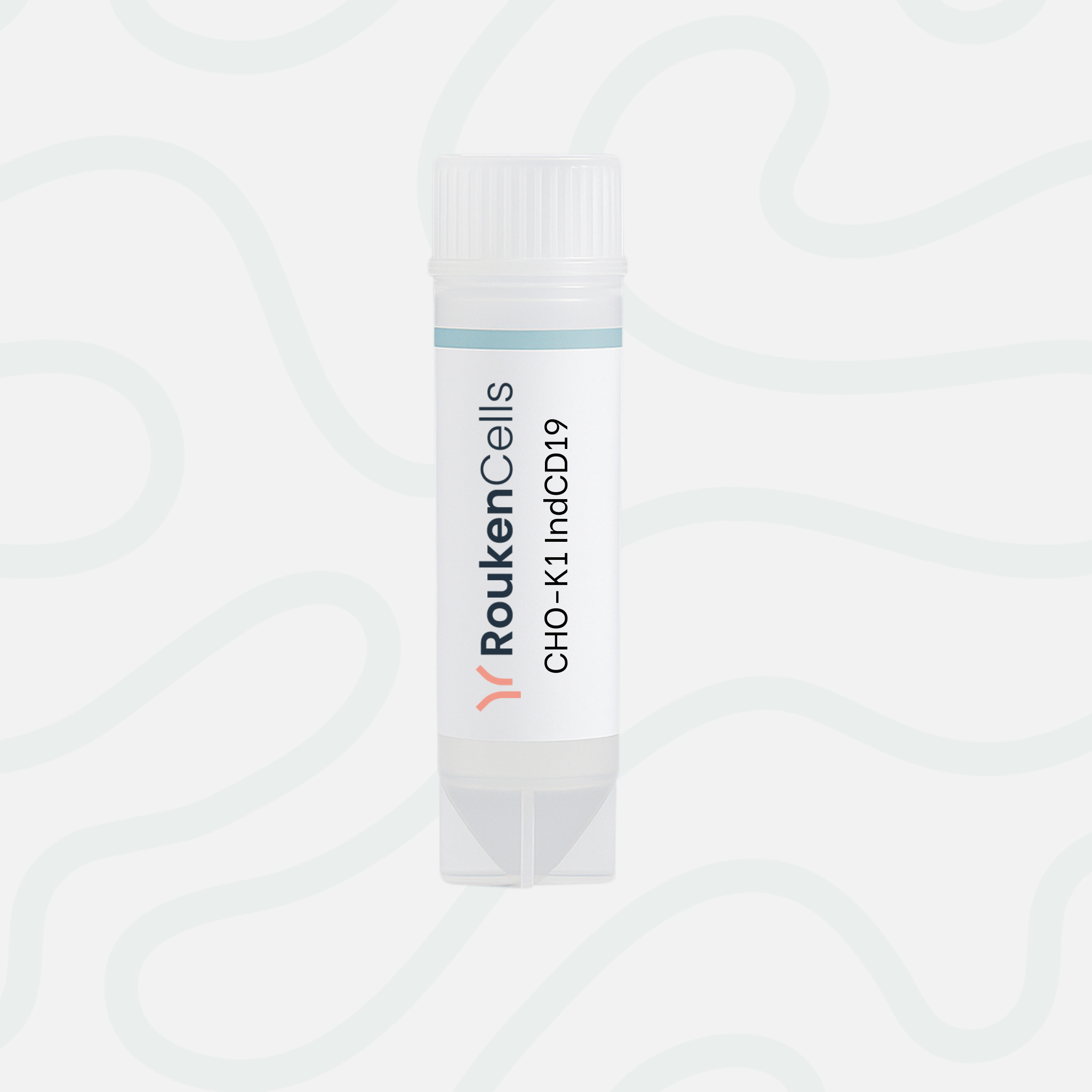 Vial labeled 'Rouken Cells' with technical specifications on a white background