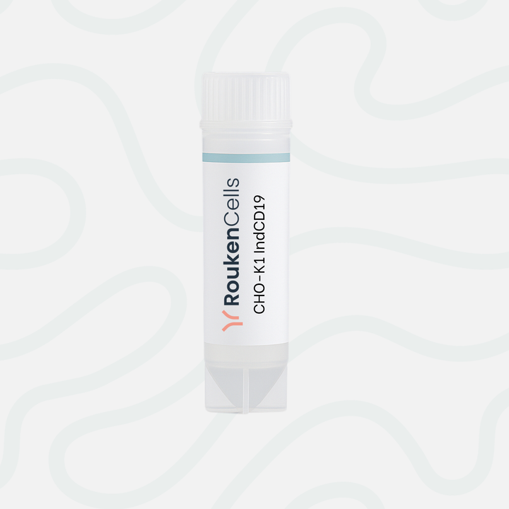 Vial labeled 'Rouken Cells' with technical specifications on a white background