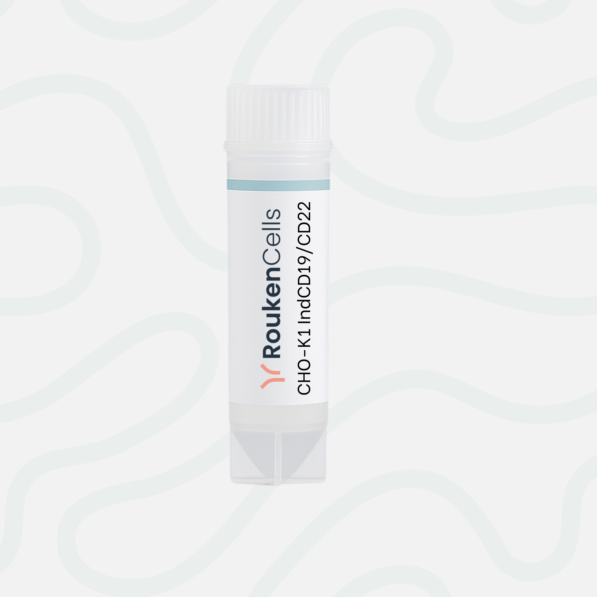 Vial labeled 'Rouken Cells' with technical specifications on a white background